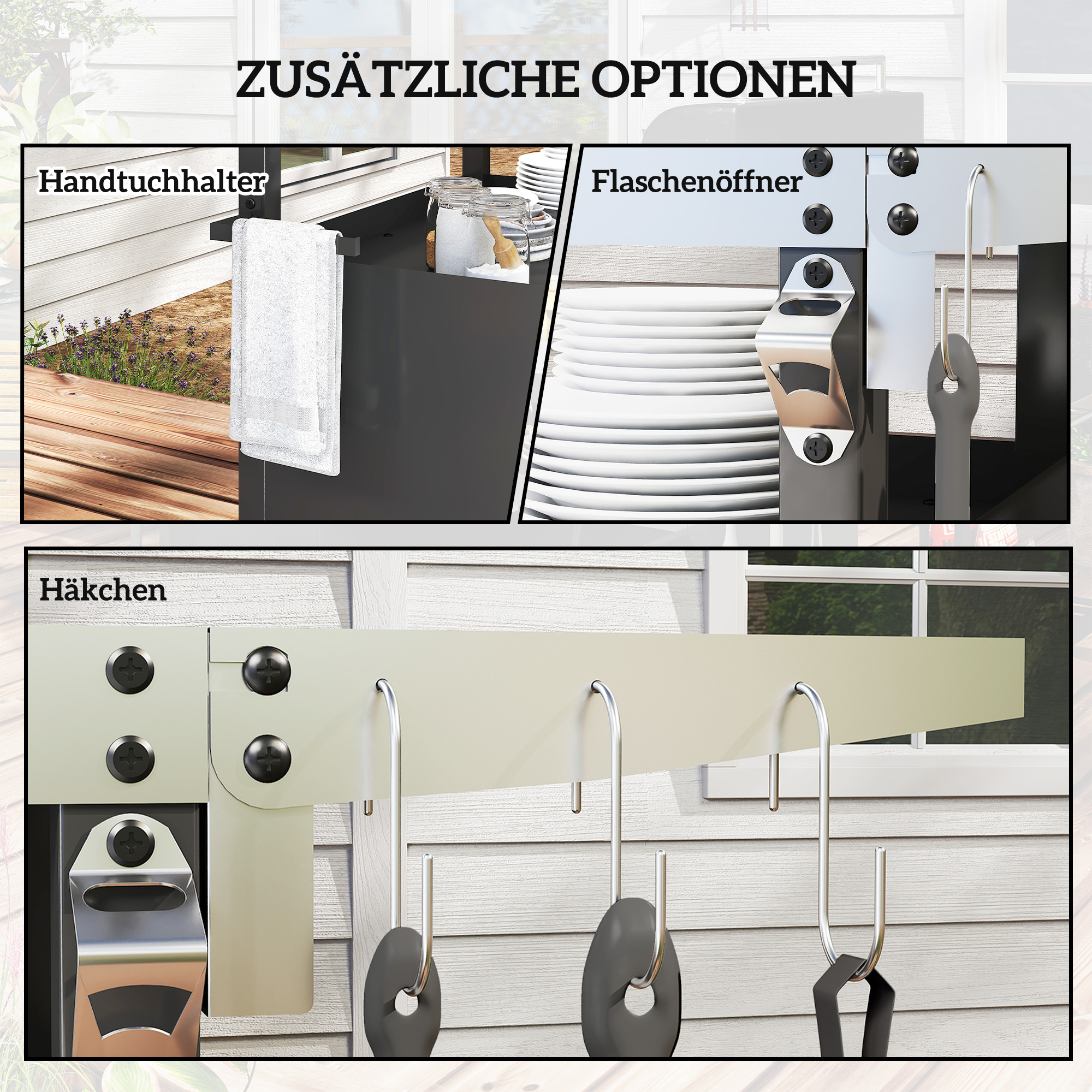 Outsunny Grillwagen met 3 Niveaus Serveerwagen met Werkblad Schrank Haken Wieltjes 116x50x93cm Zwart