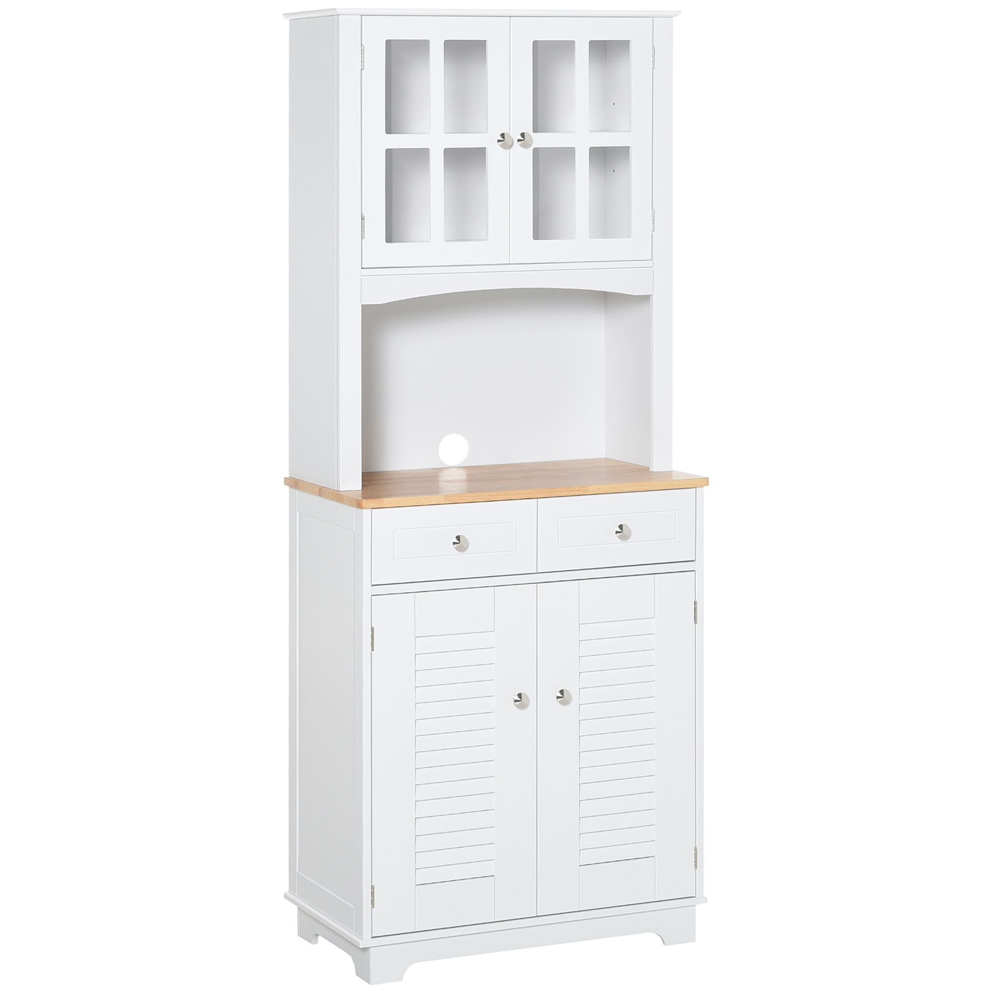 HOMCOM Küchenschrank mit Glastüren, 2 Schubladen, Geschirrschrank, Esszimmerschrank, Holz, 68 x 39,5 x 170 cm, Weiß