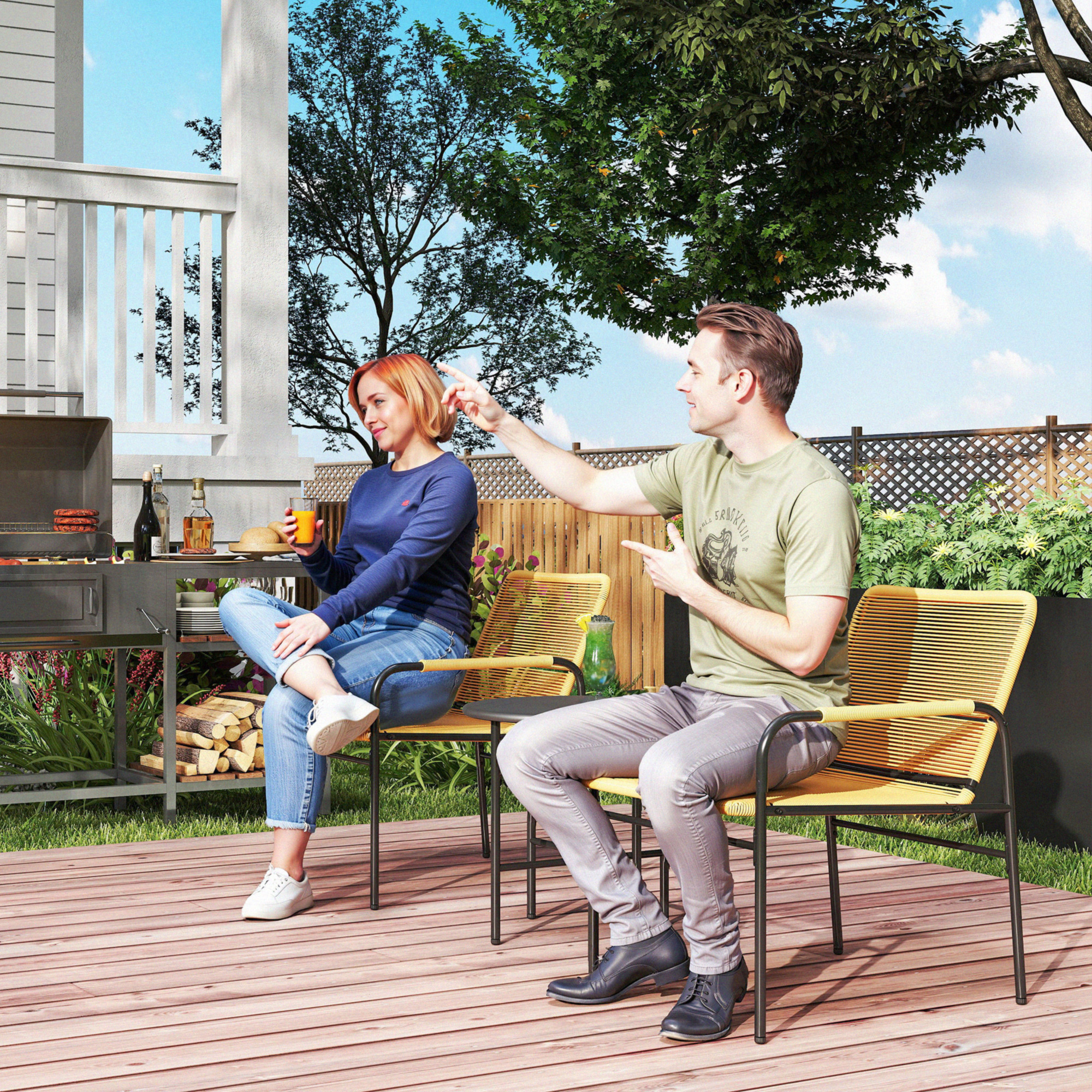 Outsunny 3-tlg. Rattan Bistroset, Sitzgruppe, Gartengarnitur mit 2 Gartensesseln, Couchtisch 54 x 66 x 76 cm Gelb