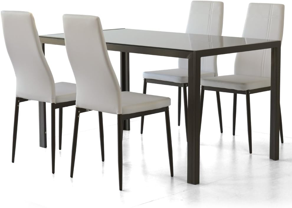 CRIBEL Set Benny/Jolly Tavolo Con 4 Sedie, Seduta In Finta Pelle, Robusto Piano Del Tavolo In Vetro Di Sicurezza, Alluminio, Vetro Temperato, Poliuretano, Bianco/Grigio, 135X80X76 Cm