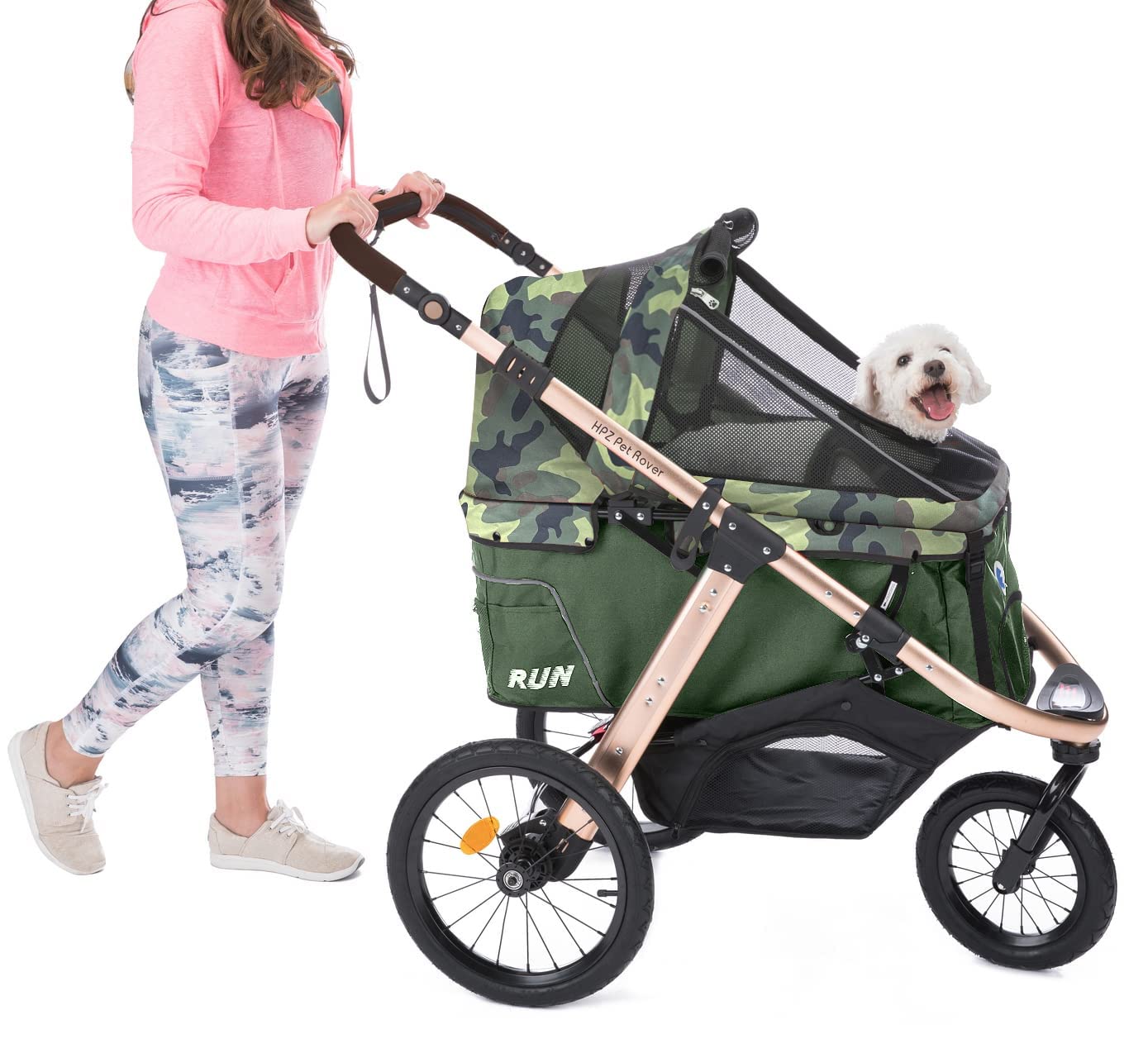 Jogging Sports Stroller with Comfort Rubber Wheels/Zipper Less Entry/1 Hand Quick Fold/Aluminum Frame for Small/Medium Dogs, Cats and Pets (Green Camo)