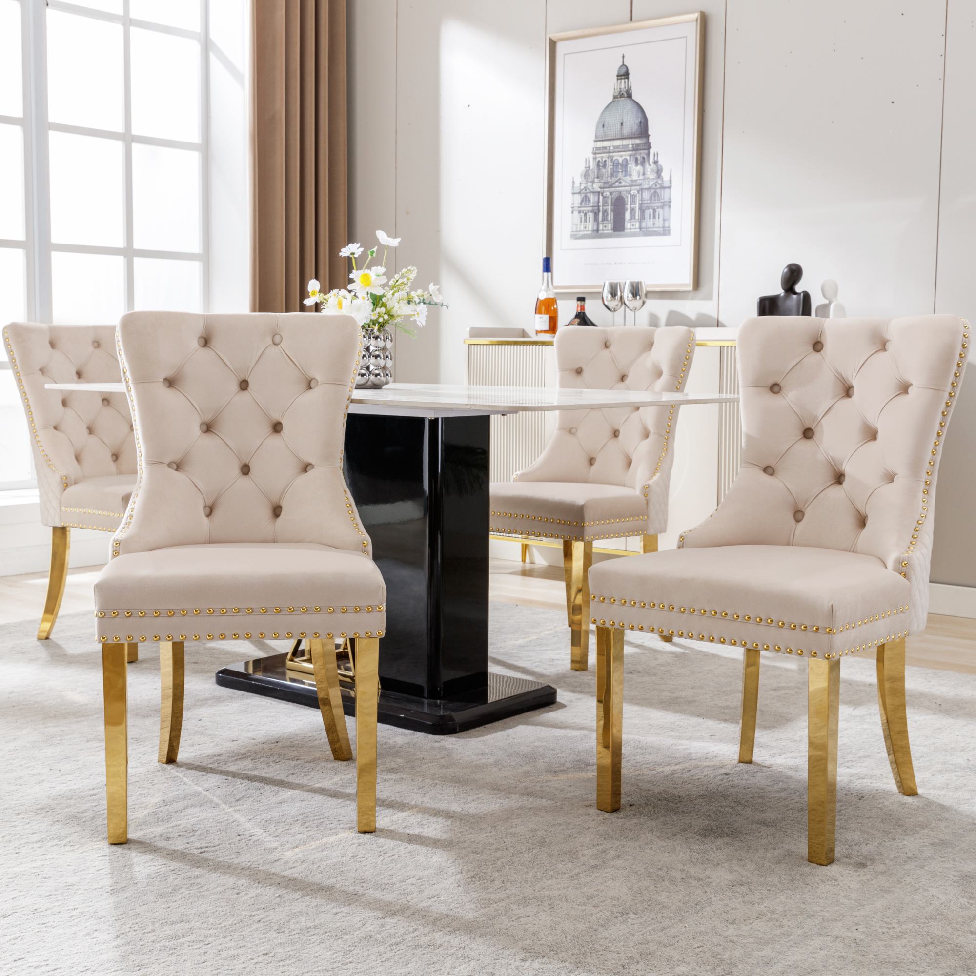 Set aus 4 Esszimmerstuhl mit einzigartigen runden Zugringen, Polsterstuhl mit Nagelkopfbesatz, 51,5×65,5×95 cm, Beige