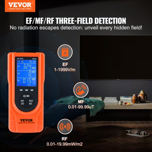 VEVOR 3-in-1-EMF-Messgerät, 5 Hz – 3,5 GHz, tragbarer wiederaufladbarer Strahlungsdetektor für elektromagnetische Felder, digitaler LCD-EMF-Tester für EF MF RF-Hausinspektionen