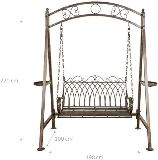Biscottini Garden Swing Chair 2 Seater 220 x 198 x 100 cm - Iron Bench - Garden Bench for Outdoor Use in Antique Wrought Iron - Outdoor Garden Rocking Chair