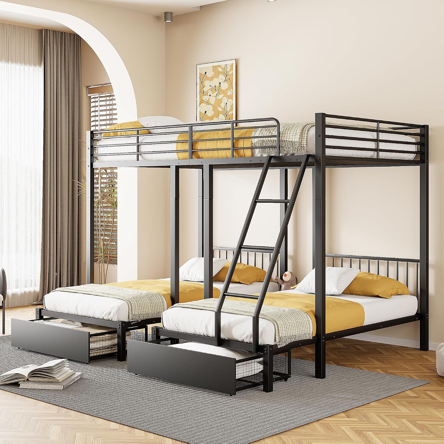 Lexiou Dreifaches Etagenbett mit Schubladen, Metallbettrahmen, umwandelbar in 140 x 200 Doppelbett und Zwei 90 x 200 Einzelbetten