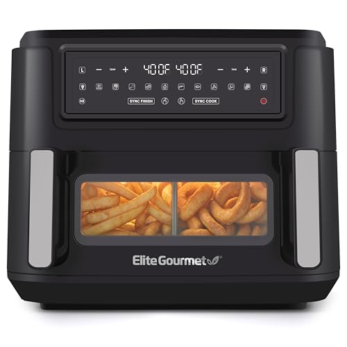 Elite Gourmet EAF1055D Dual Zone Air Fryer Oven, 11QT. Capacity with Divider 2 Independent Cook Zones, Dishwasher Safe Basket, 10 Preset Functions, 1600 Watts, with Recipe Booklet, Black: Home & Kitchen