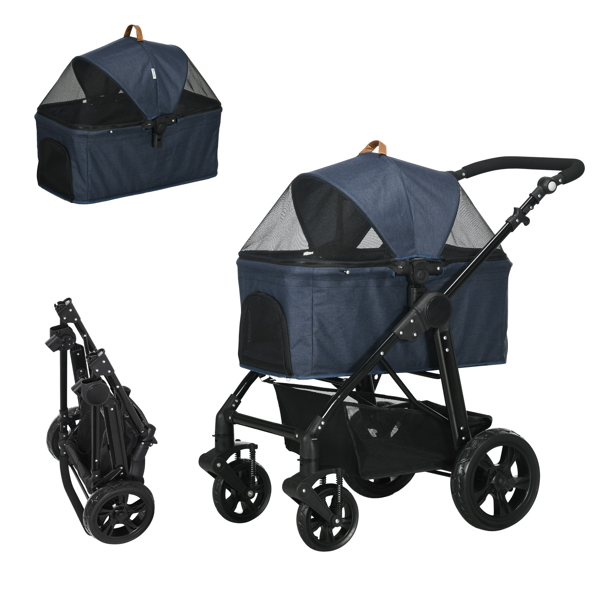 PawHut Hundebuggy Hundewagen bis 10 kg Klappbar Tragtasche Bodenkorb 99L x 62B x 106H cm Dunkelblau