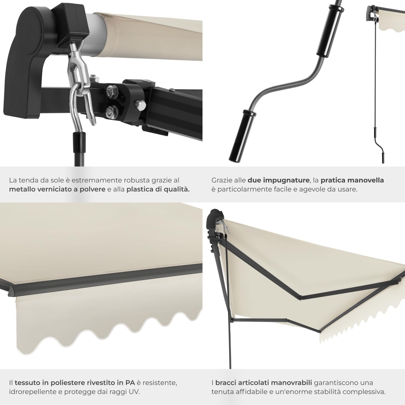 tectake®, Outdoor Awning with Extendable Arms, Roller Blind, Crank, Waterproof, UV Protection, Polyester Fabric, Aluminium Frame, Porch, Balcony, Terrace - 300 x 250 cm Beige
