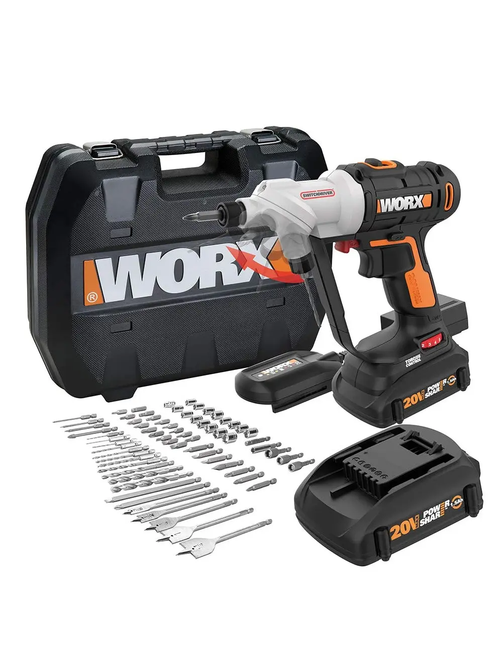 Worx WX176L.1 20V Power Share Switchdriver 2 in 1 Cordless Drill & Driver with 67pc Kit
