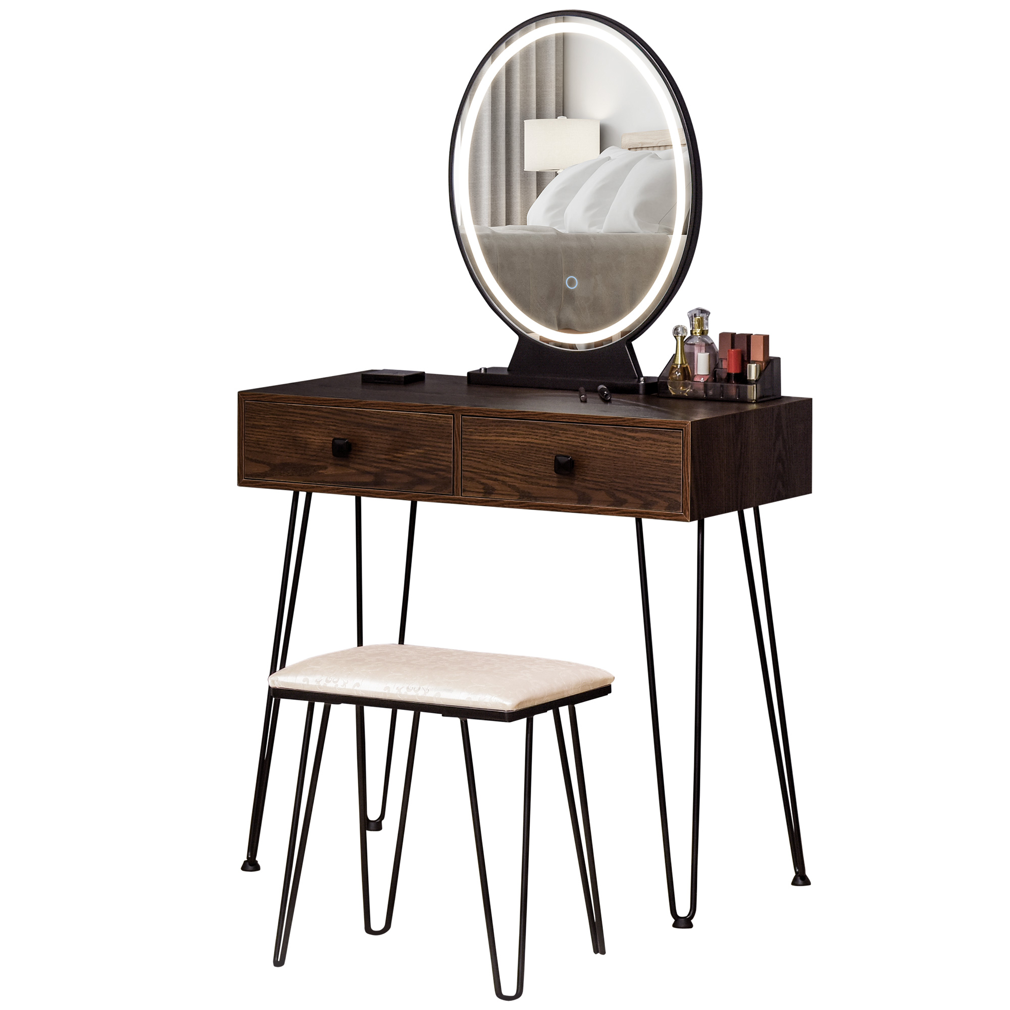 HOMCOM Moderner Schminktisch mit LED-Spiegel - Integrierte einstellbare LED-Beleuchtung - Inklusive Hocker - Schwarzer Metallrahmen - 2 Schubladen + 1 Lippenstift-Organizer in Dunkelwalnuss-Optik