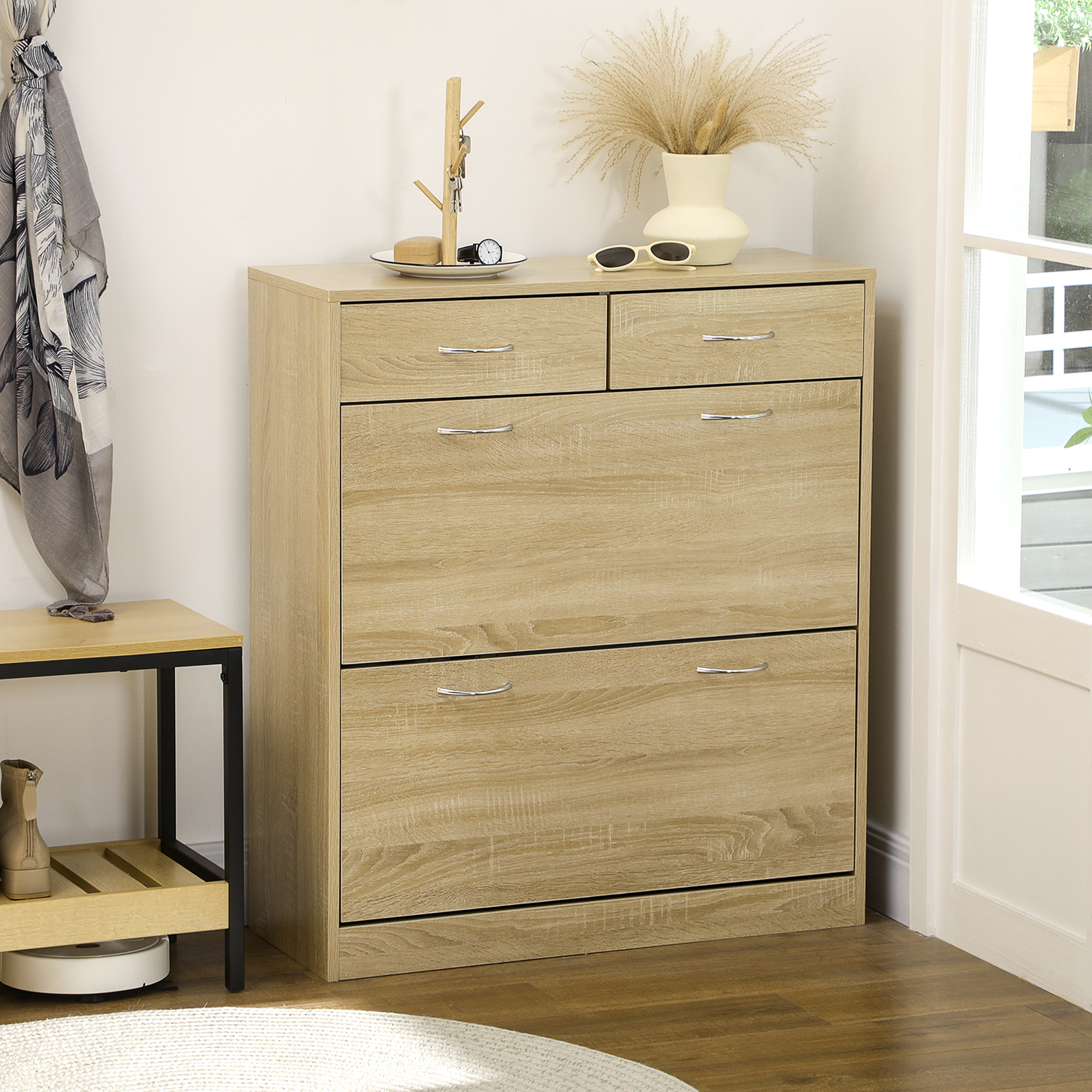 HOMCOM Schuhschrank 2 Schubladen und 2 klappbare Türen mit verstellbarem Regal 80 x 30 x 91,5 cm Griffe aus Alu. Natur