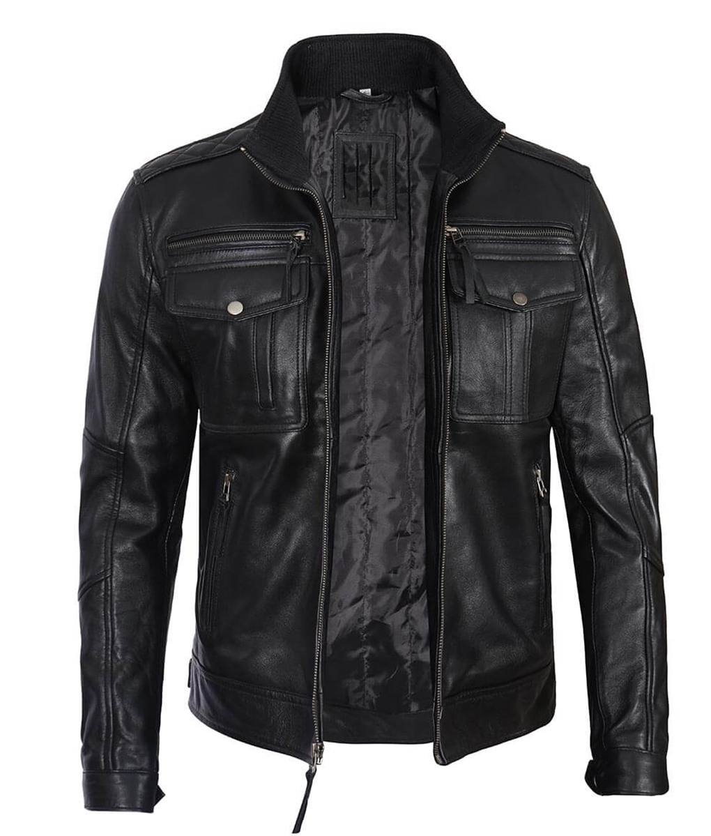 Mens Black Cafe Racer Leather Jacket