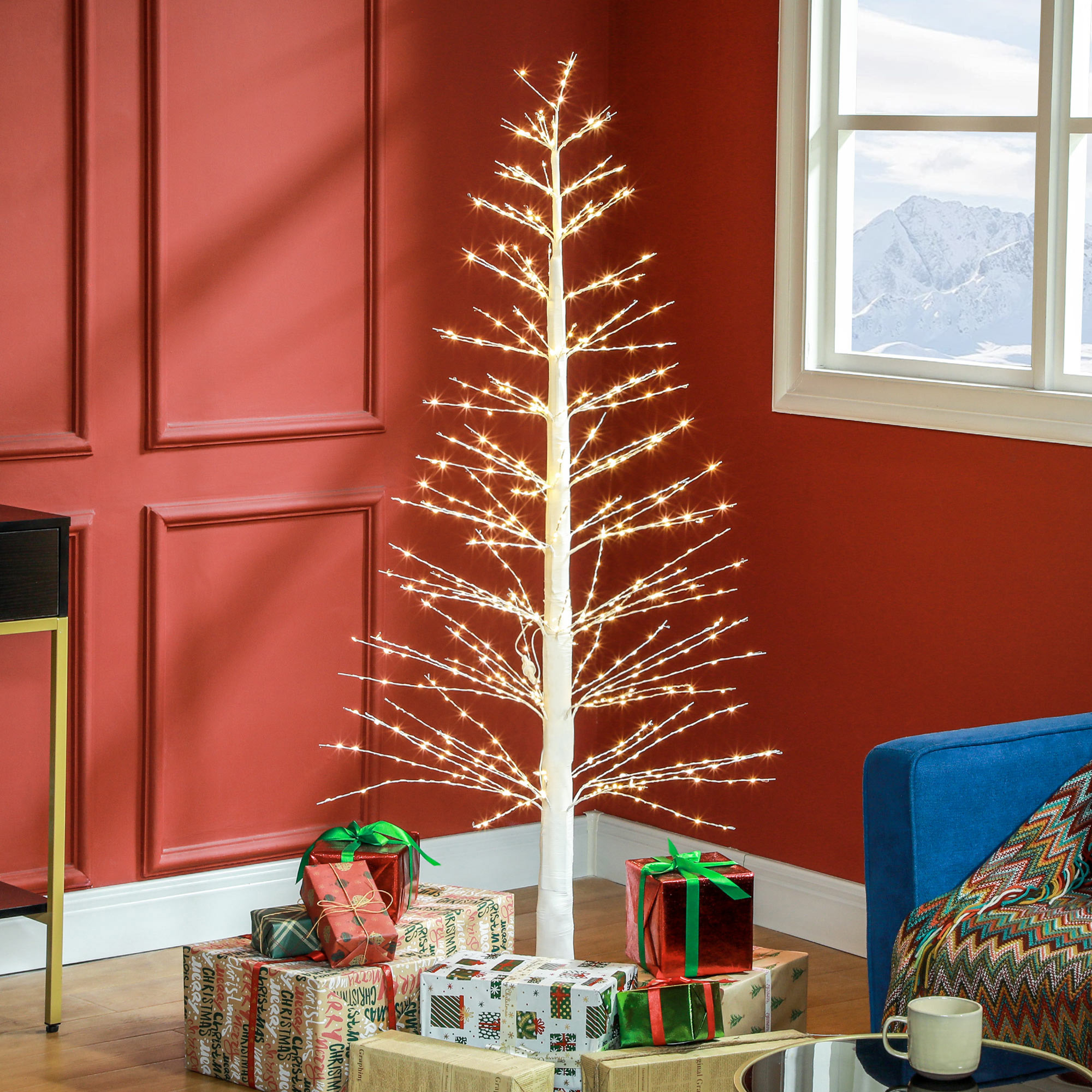 HOMCOM Kunsttanne mit LED-Beleuchtung, 180 cm hoher Weihnachtsbaum, realistische Rinde, Weiß