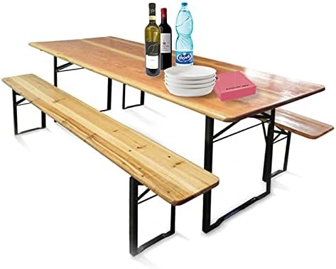 Dmora Folding Beer Table and Benches Set, Brown, Table Dimensions 220 x 76 x 80 cm, Bench Dimensions 220 x 46 x 24 cm