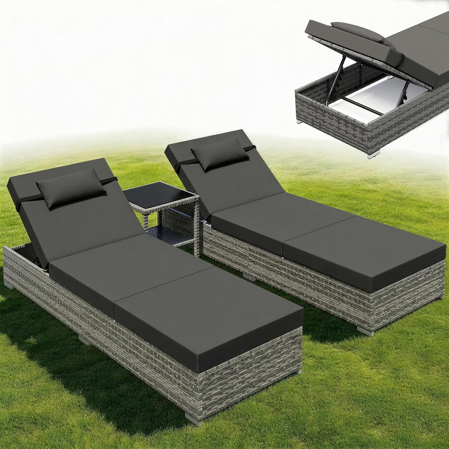 UDPATIO Set di 3 Lettino Prendisole, Poly Rattan, con Cuscino Testa e Tavolo, 5 Regolazioni, Lettini Prendisole da Giardino Impermeabili, per Esterno, Jardín, Patio (Grigio)