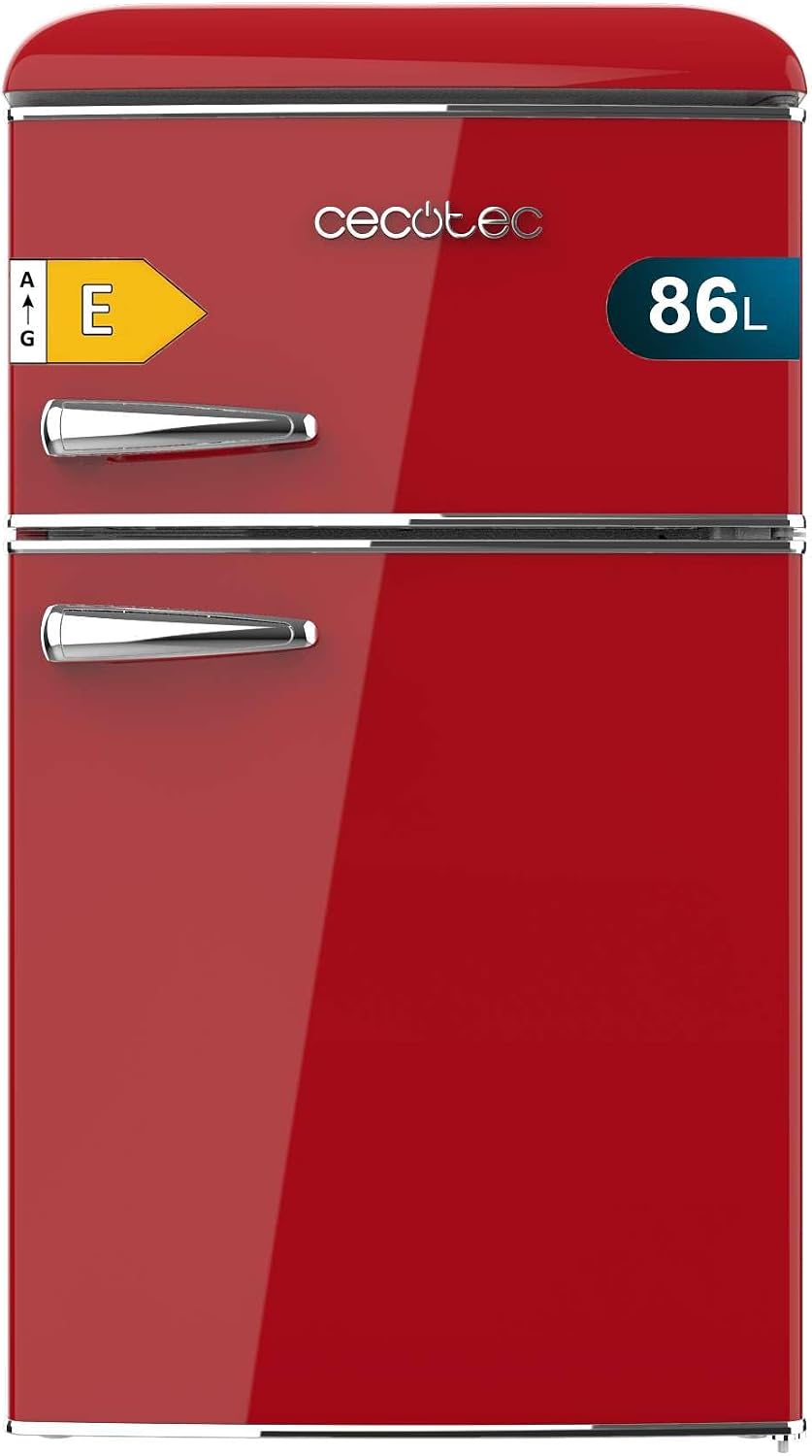 Cecotec Mini Frigorifero Retro Bolero Coolmarket 2D Origin 86 Red E. Due Porte Rosso di 89,3cm di Altezza e 48,7 di Larghezza con Capacità di 86L, Classe Energetica E, Led Interno e Maniglia Cromata