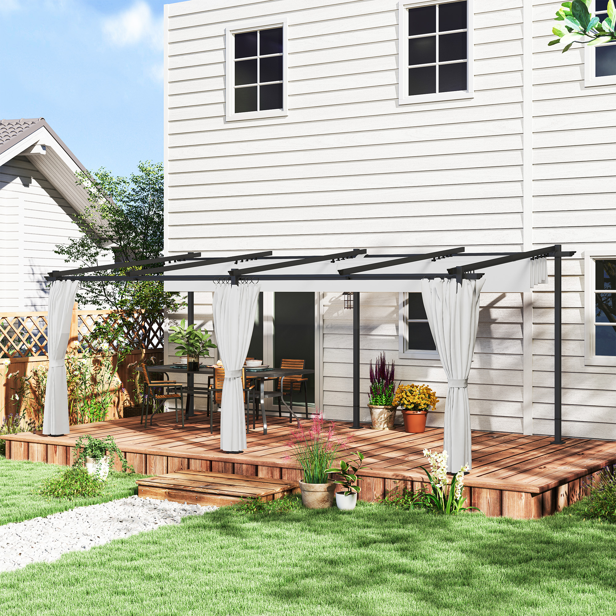 Outsunny Gartenpergola 3 x 6 m ausziehbare Schiebepavillon mit Seitenwänden, Sonnenschutzdach UPF30+, grau