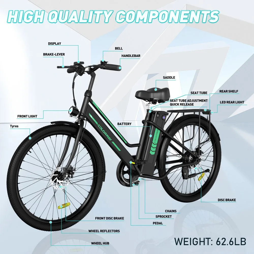 COLORWAY 26" Electric Bike for Woman, 500W Powerful Motor, 36V 12AH Removable Battery
