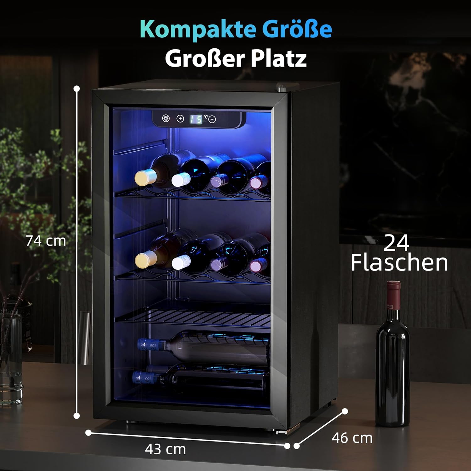 HOMCOM Weinkühlschrank 24 Flaschen, 68 Liter Weinschrank Klein, Getränkekühlschrank Flaschenkühlschrank mit Doppelglas-Tür, 4-16°C, LED-Beleuchtung, Digitalem Touchscreen, Wine Fridge, Schwarz