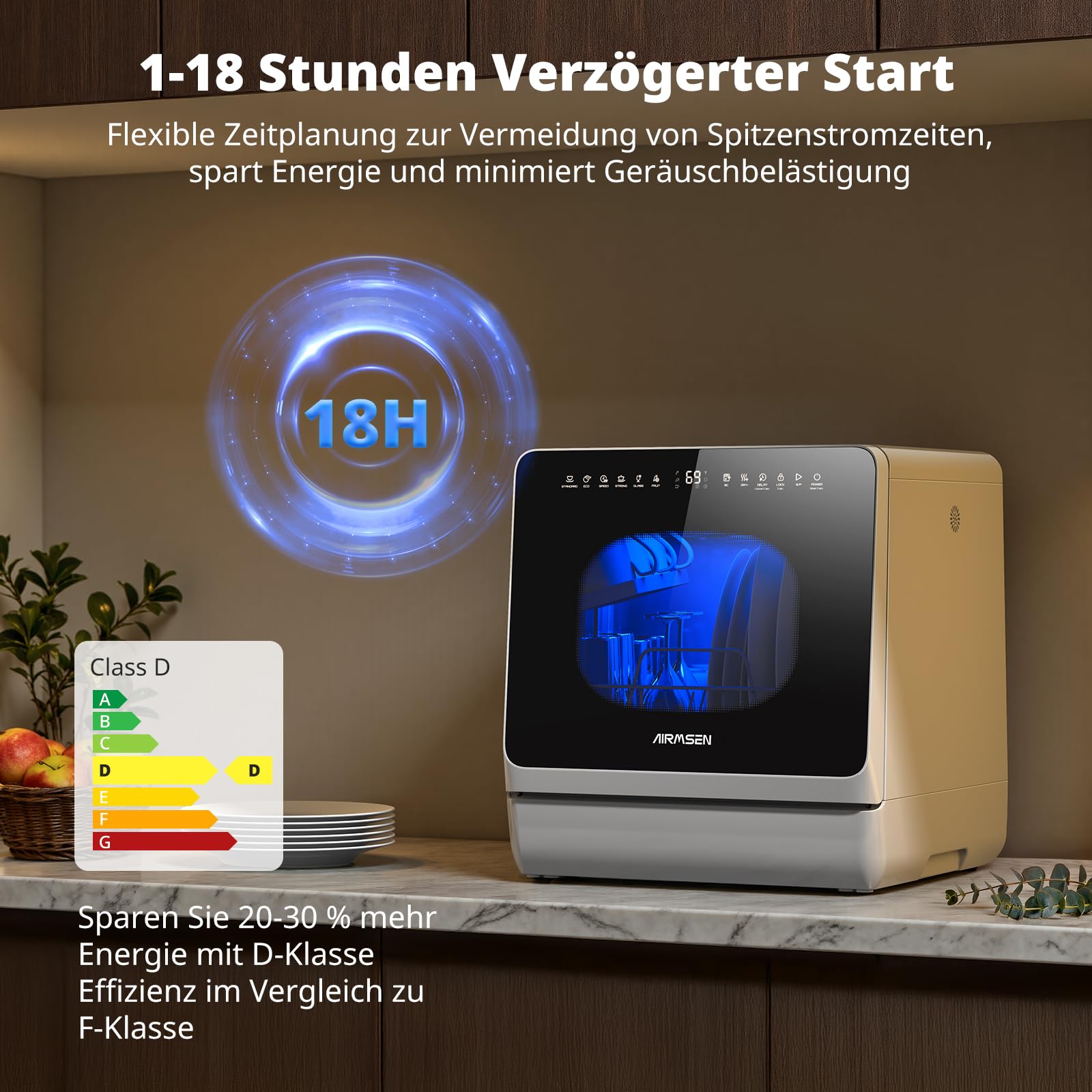 Tischgeschirrspüler mit 8+3 Programmen, 5 Liter Wassertank und Wasserenthärter, für 4 Gedecke
