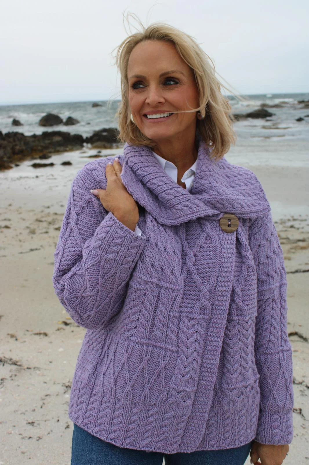 One-Button Cardigan with Draped Collar , Lavender