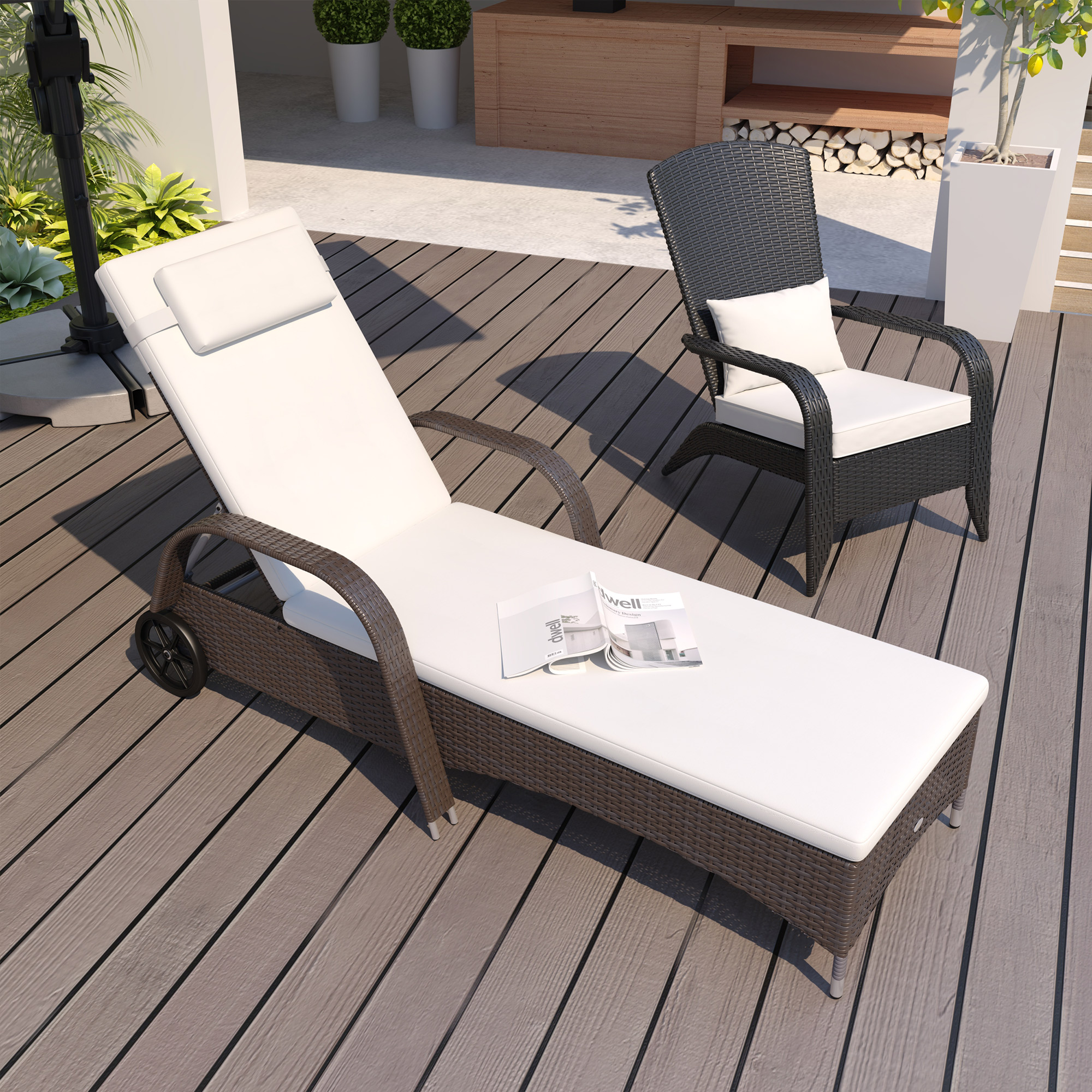 Outsunny Sonnenliege Polyrattan Gartenliege mit 5-Fach verstellbarer Rücklehne, Polsterauflage, Rollen, Kissen, 160 kg belastbar Relaxliege Liegestuhl für Garten, 200x73x30-103cm, Kaffeebraun