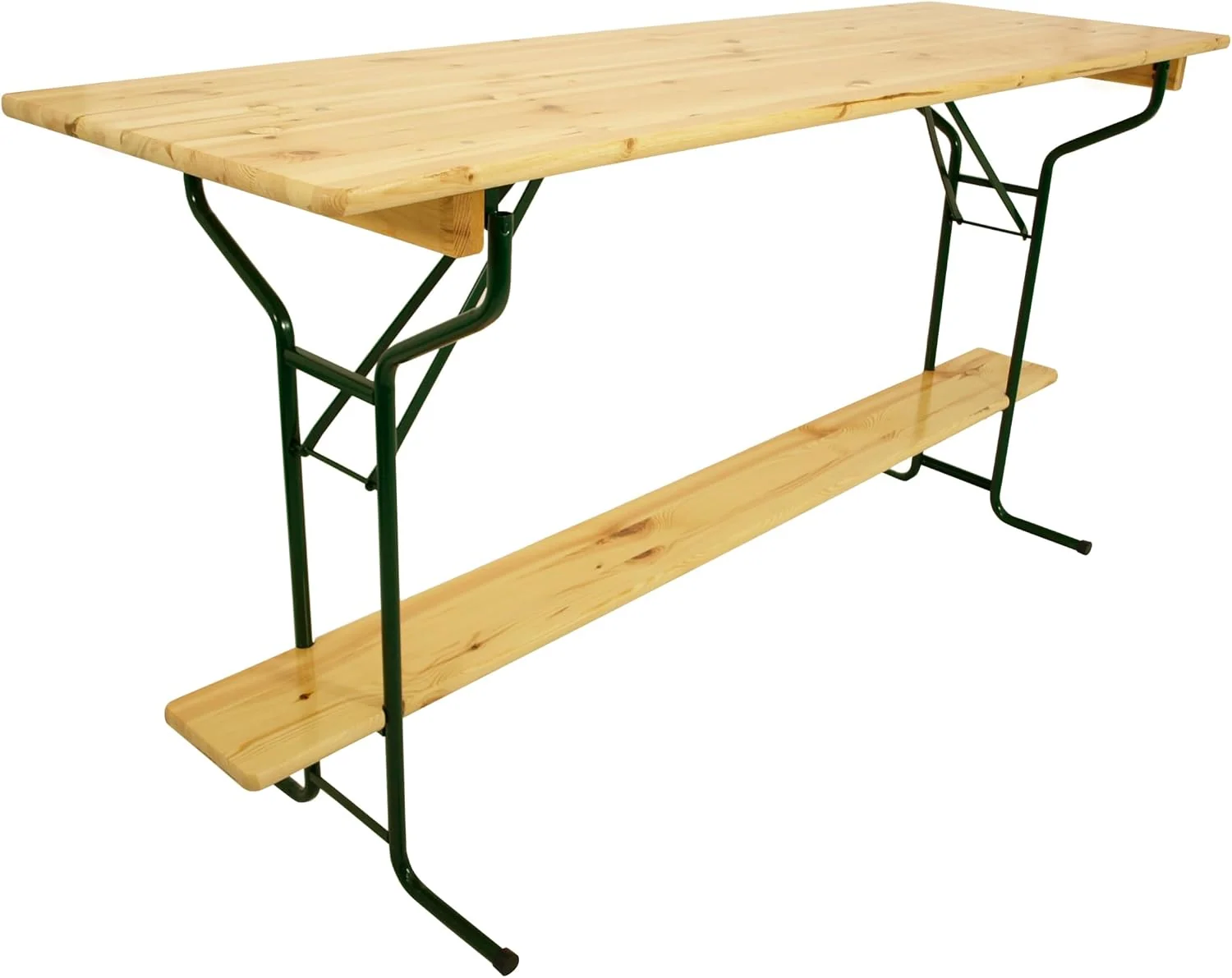 DEGAMO Stehtisch Bartisch Bamberg 70 x 220cm, Höhe 110cm, Gestell Stahlrohr dunkelgrün, Tischplatte Kiefernholz transparent beschichtet, klappbar