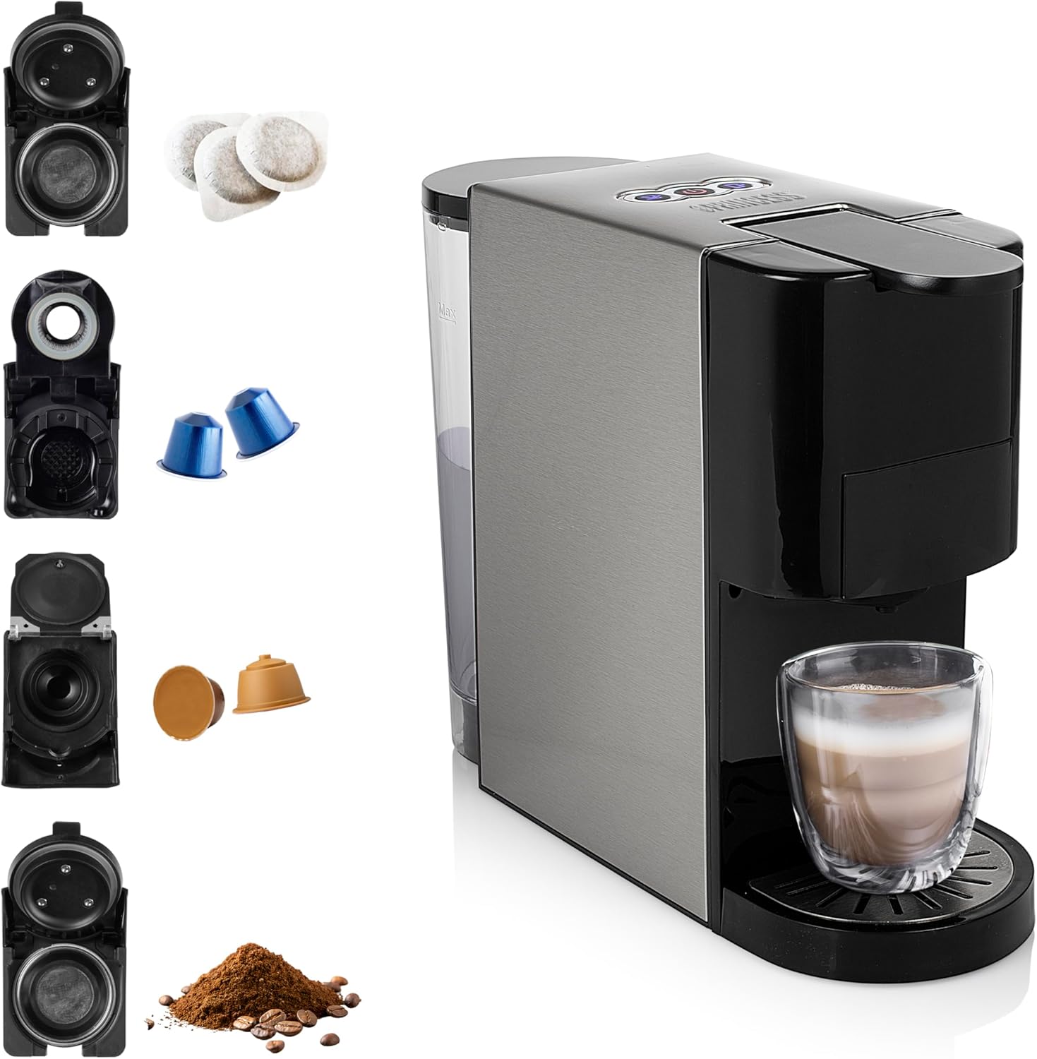 Princess 01.249450.01.001 Multifunction Coffee Maker, Compatible with Nespresso, Dolce Gusto, ESE Pods and Ground Coffee, 19 Bar, Black and Silver, 800 ml