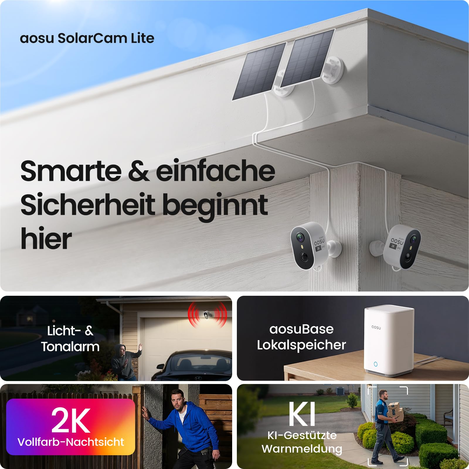Solar-Überwachungskamera Außen C7L 4er-Kit 2K 3MP mit Basisstation 32 GB lokaler Speicher PIR-Bewegungserkennung Nachtsicht IP65