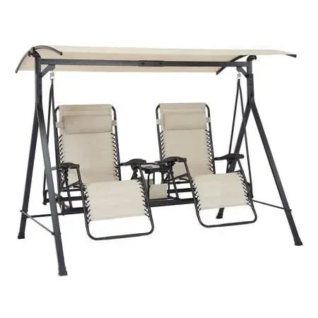 Mainstays Zero-Gravity Steel Porch Swing �C Beige/Black, Size: 230 cm x 148 cm x 184 cm