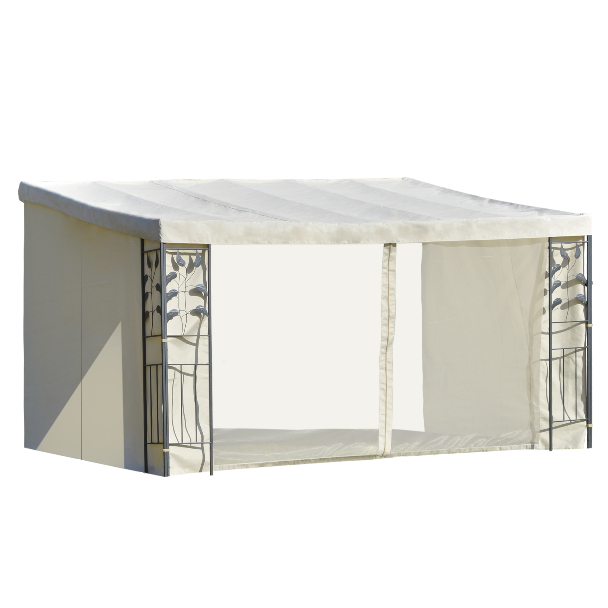 Outsunny Pergola anbaubar dim. 4L x 3B x 2,7H m Gartenpavillon Polyester hochdicht Moustiquaires Creme Metallstruktur Grau Epoxid