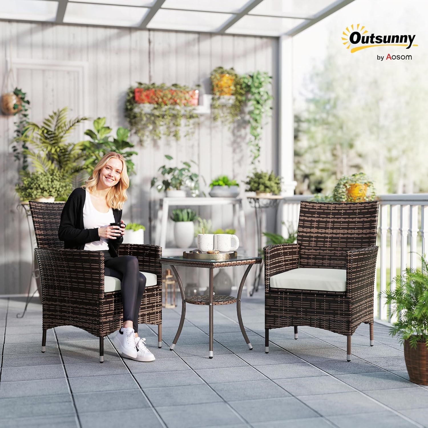 Outsunny Rattan Garden Furniture Set 3-Piece Garden Furniture Set with 2 Chairs with Cushions Brown