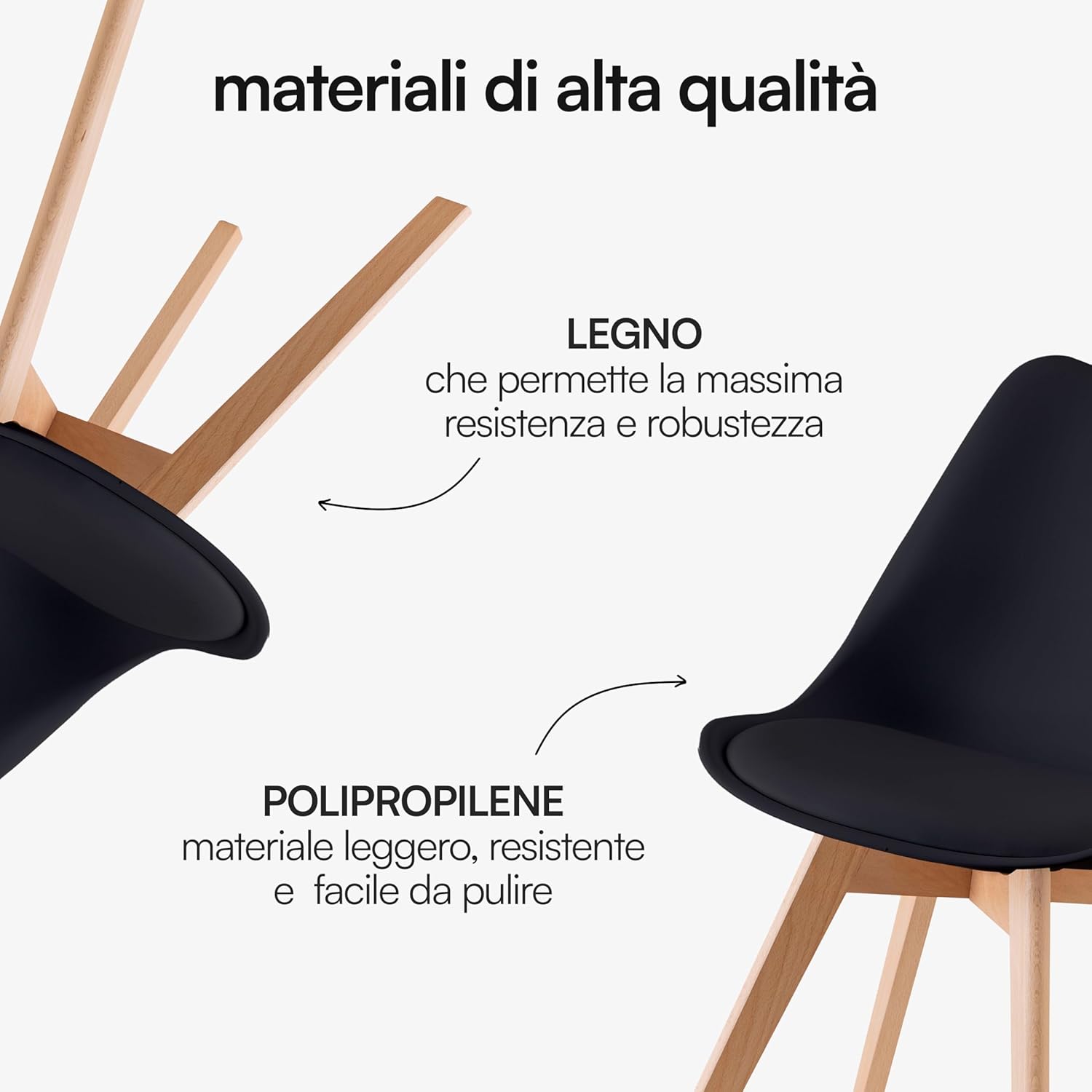 Baroni Home Set di 4 Sedie da Pranzo o Ufficio con Gambe in Legno, Sedia Ergonomica con Cuscino Integrato 57X48X79 cm Bianco
