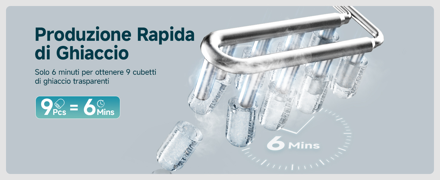 Fabbricatore di ghiaccio rapido con manico metallico che produce proiettili di ghiaccio trasparenti. Il grafico mostra 9 cubetti di ghiaccio creati in 6 minuti, a dimostrazione della capacità di produzione rapida di ghiaccio