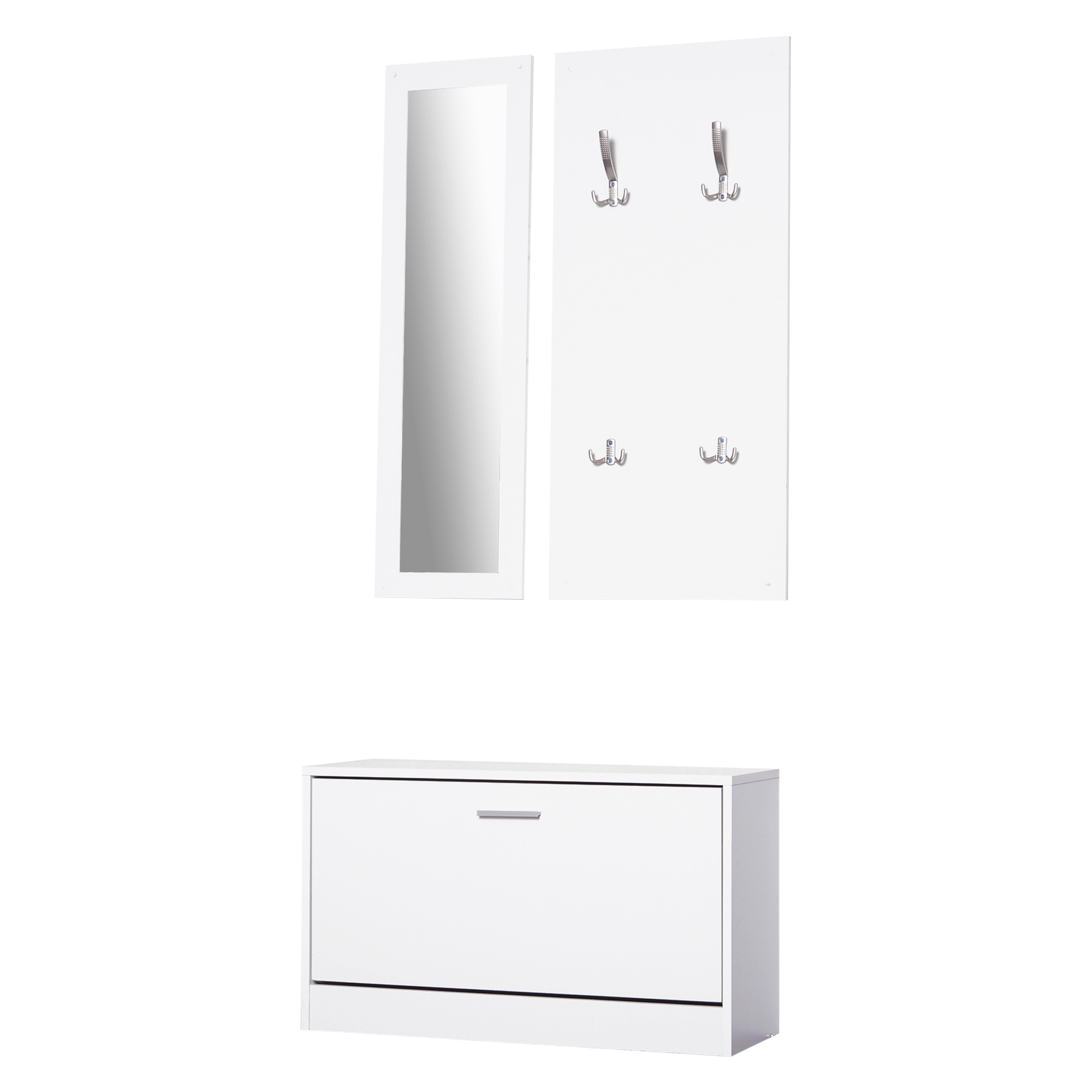 HOMCOM 3-teiliges Garderoben-Set Flurgaderobe mit Schuhschrank Garderobe Wandspiegel 4 Haken Weiß 30 x 100 cm (Spiegel)