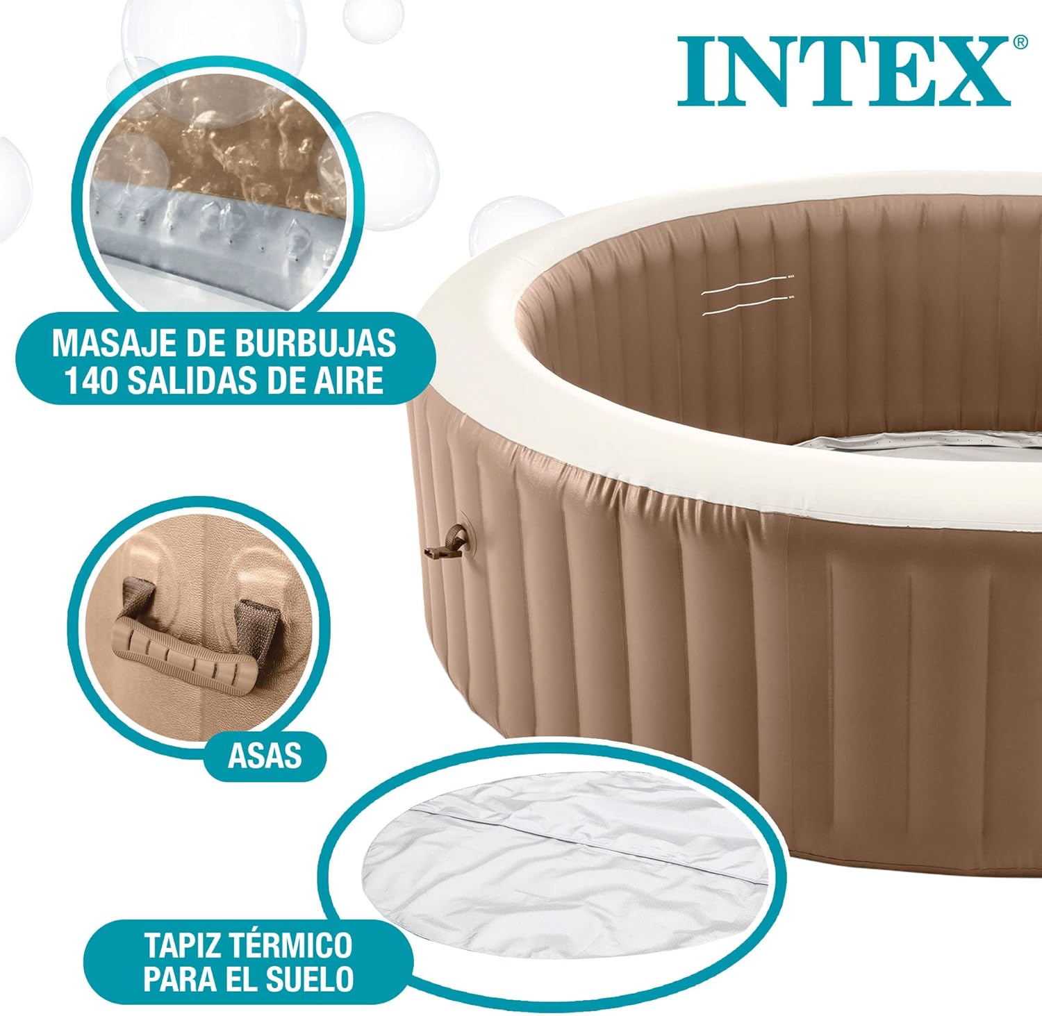 Intex 28428EX - PureSpa Vasca Idromassaggio Gonfiabile Bubble Massage, 6 posti, 140 Getti, Riscaldatore, PVC, Beige, 216x71 cm