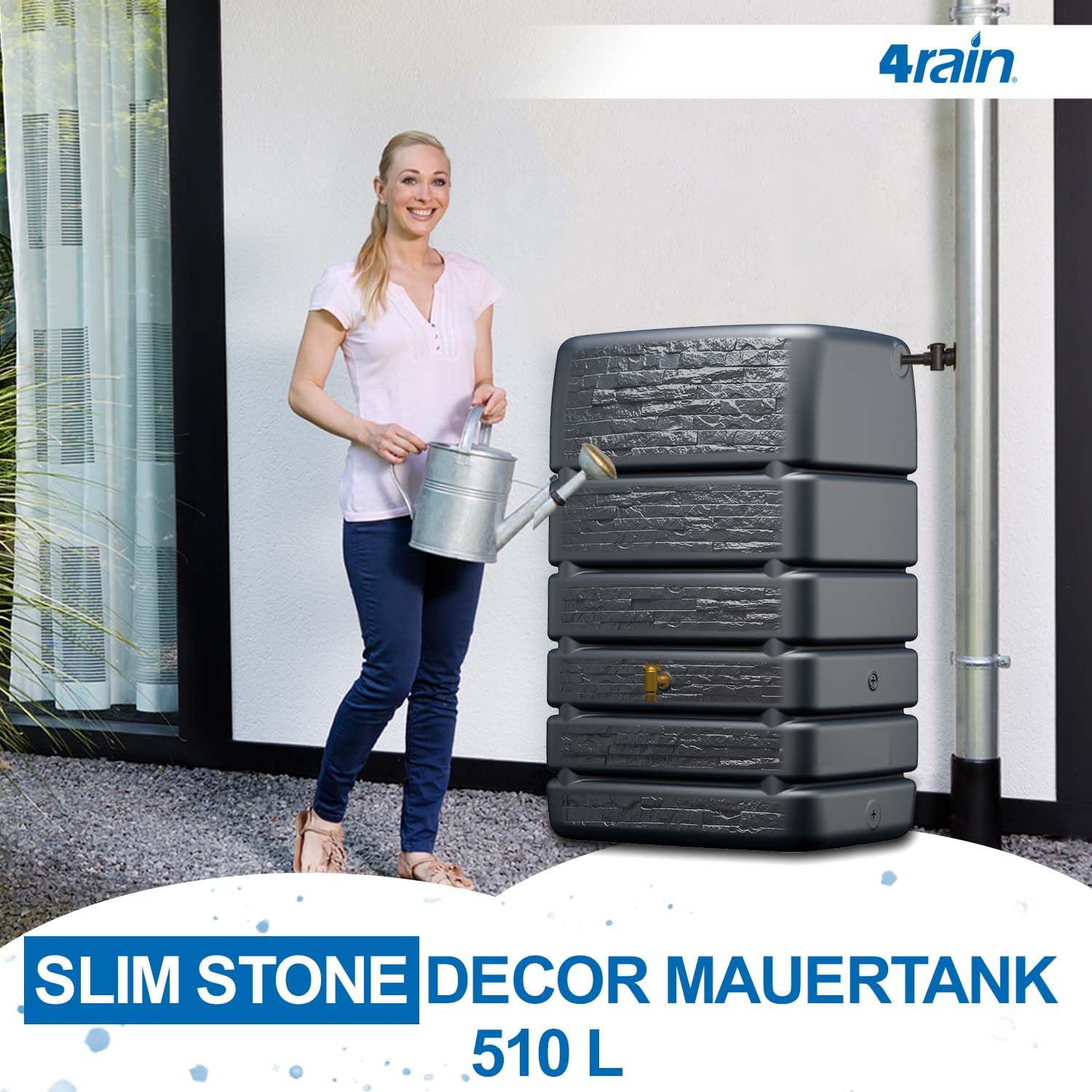4rain Slim Stone Decor Regentonne Mauertank 510 Liter Graphite Grey für Garten und Terrasse