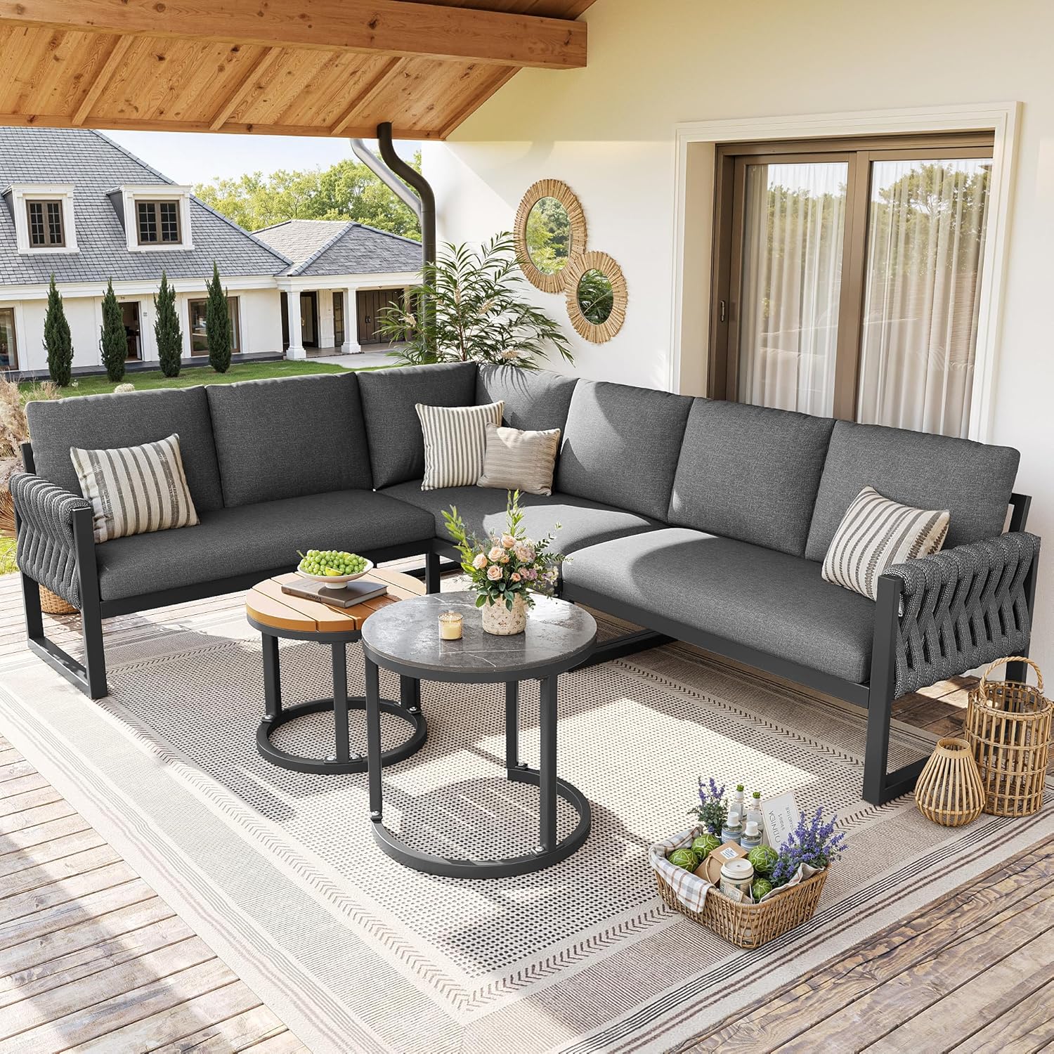 Garten Lounge Set für 5-6 Personen, Ecksofa und Sessel-Sofa mit Höhenverstellbaren Tischbeinen, Abnehmbaren Wasserabweisenden Kissen, Modular für Balkon Garten Terrasse, B - Grau
