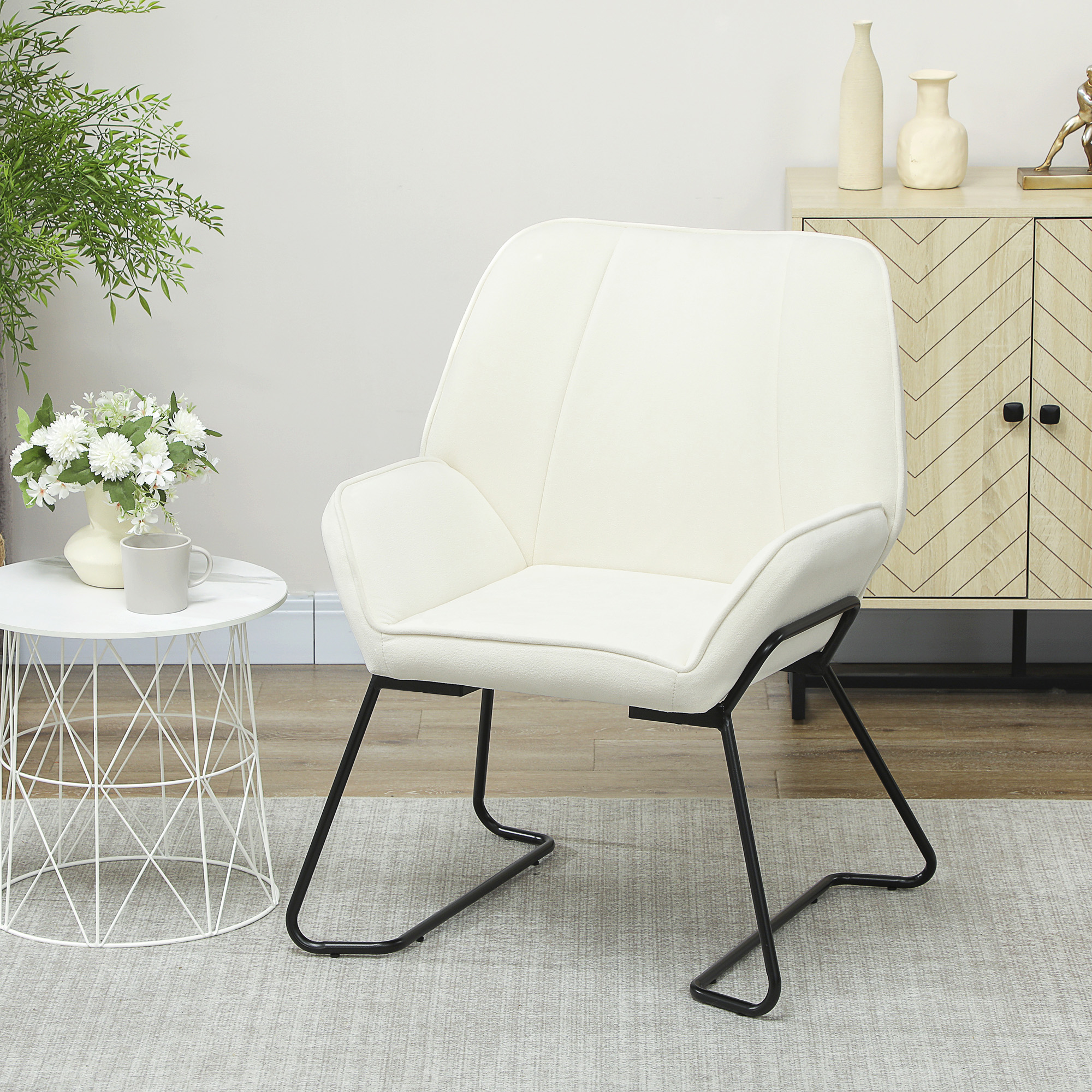 HOMCOM Loungesessel mit breitem und gepolstertem Sitz, Samtbezug und Metallbeinen, Sessel für Wohnzimmer Creme