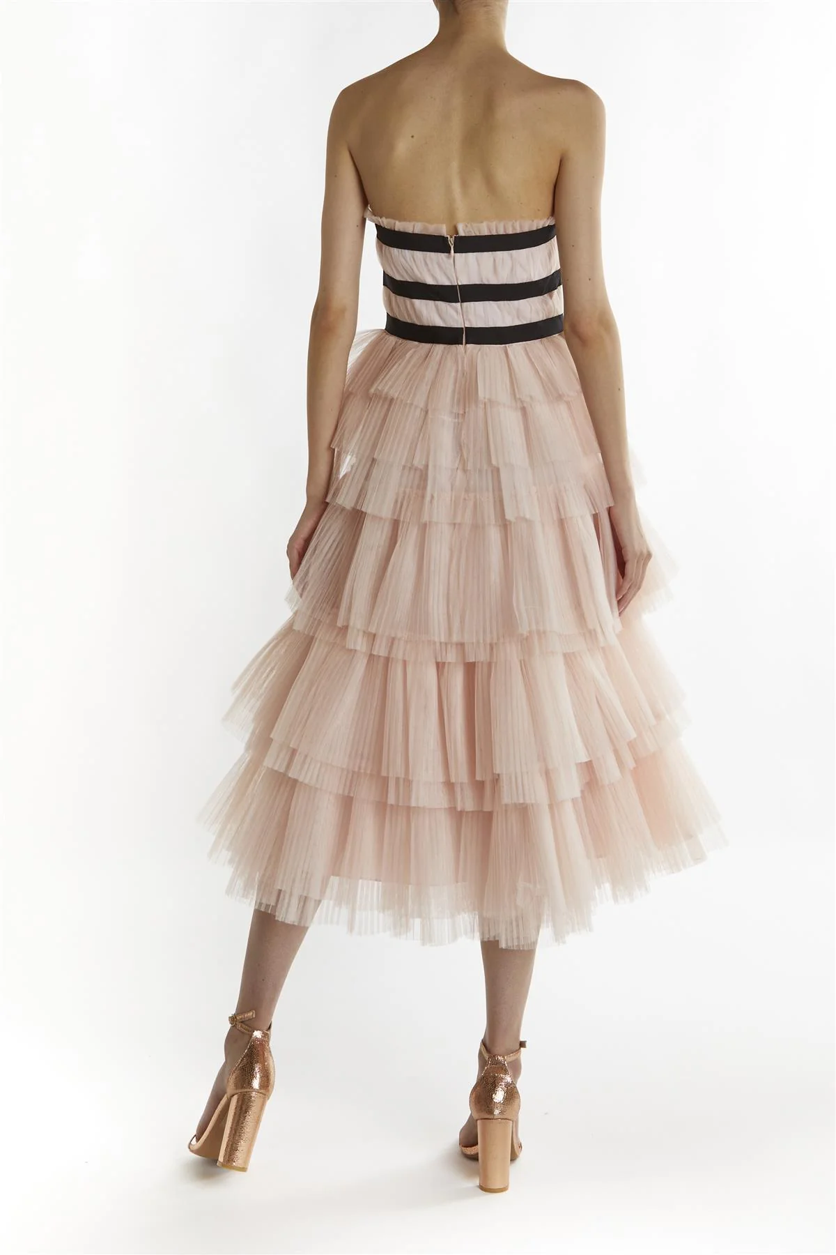Nude-Peach Brianna Bandeau-Pleated Midi-Dress