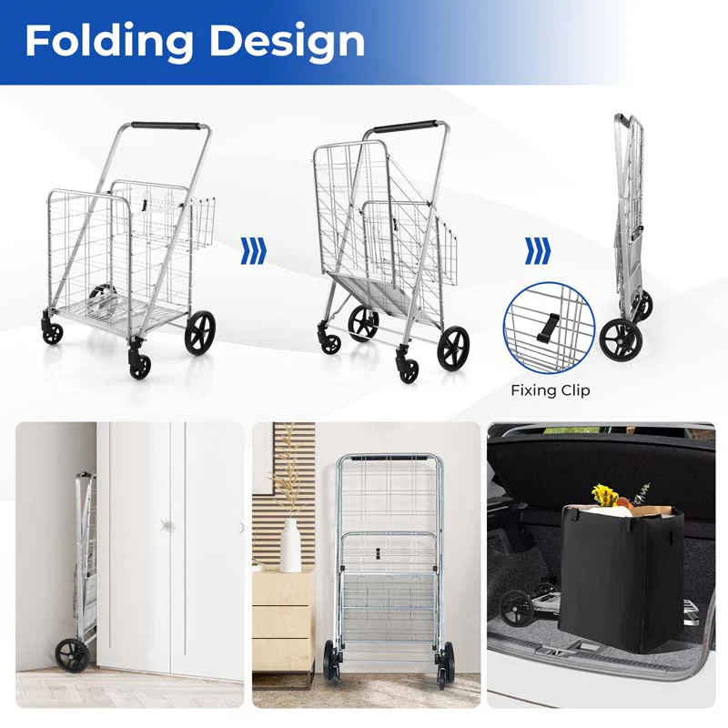 Eletriclife Folding Shopping Cart with Waterproof Liner Wheels and Basket