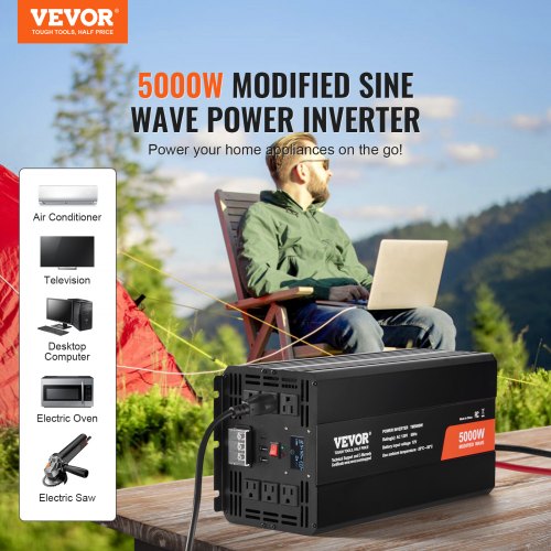 VEVOR Sinus-Wechselrichter 5000 W DC 12 V auf AC 230 V Wechselrichter mit 2 AC-Steckdosen 2 USB-Anschlüssen 1 Typ-C-Anschluss LCD-Display und Fernbedienung für Haushaltsgeräte mit hoher Belastung
