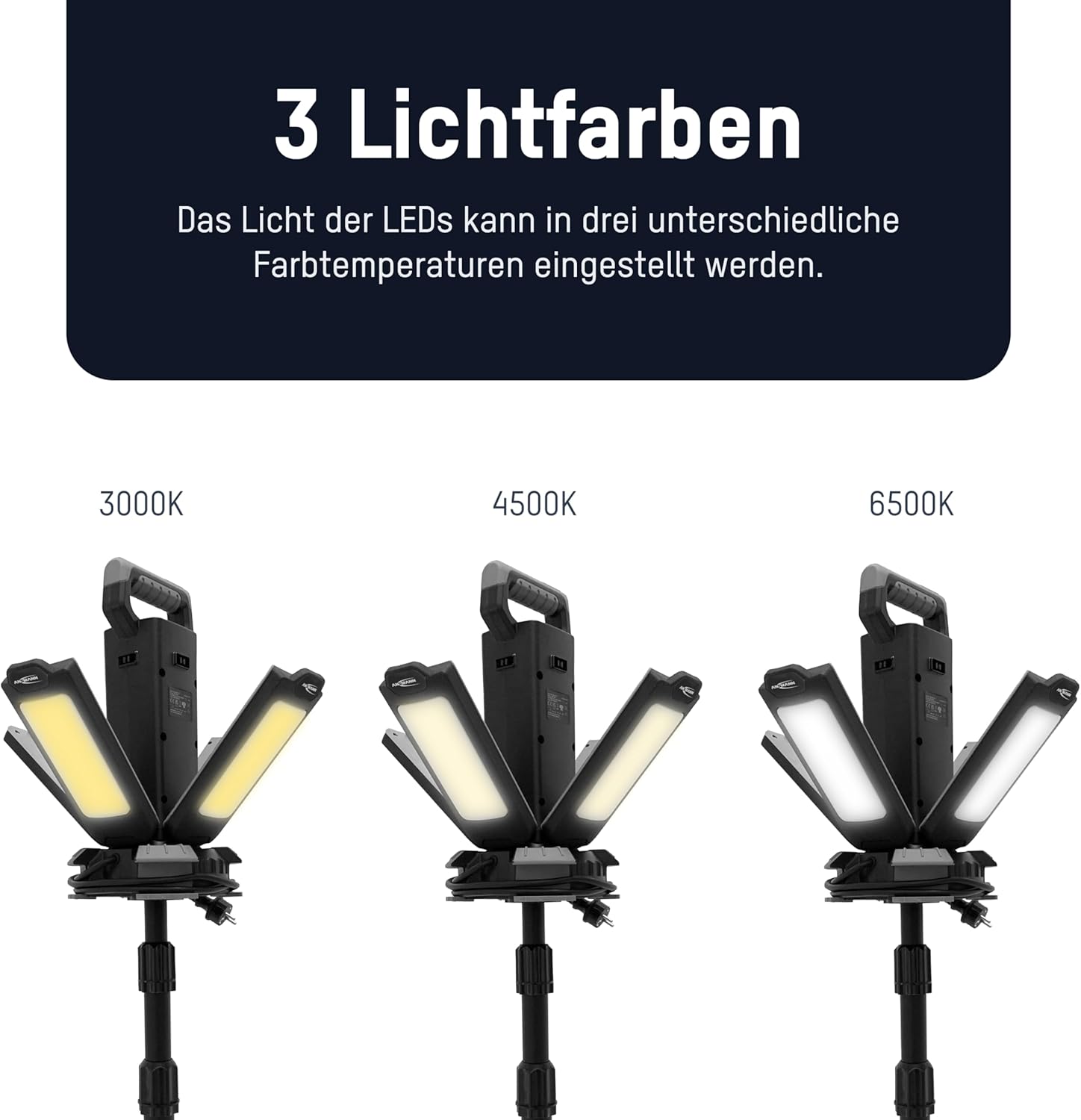 Ansmann Vierfach-LED Strahler 4× 30W mit 3 Farbtemperaturen, Helligkeit bis zu 14.000 Lumen, besonders widerstandsfähig gegen mechanische Beanspruchung