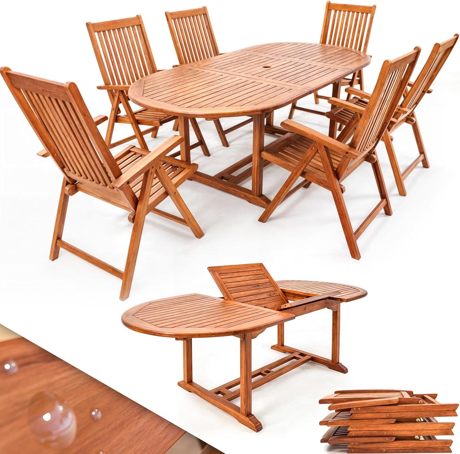 Casaria® Garden Furniture Set in Eucalyptus Wood, 6 Folding Chairs with Table FSC® Certification with Umbrella Holder, Armrests Garden, Balcony, Terrace 7 Pieces