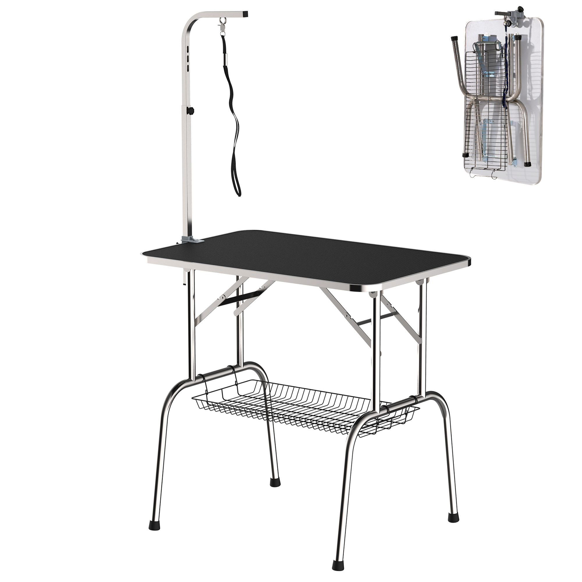 PawHut Trimmtisch Tierpflegetisch Schertisch mit Korb Hundepflegetisch klappbar Hundefriseurtisch Hunde Badetisch höhenverstellbar Edelstahl Schwarz