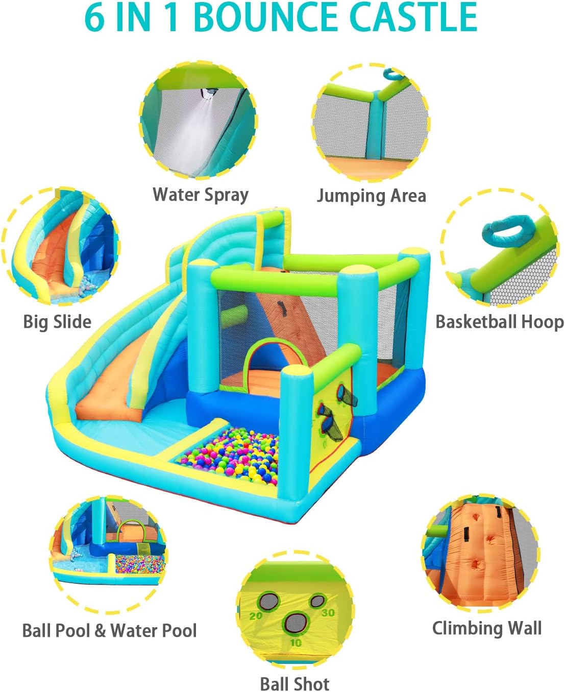 Castello Gonfiabile per Bambini Parco Acquatico con Scivolo Trampolino Piscina Parete da Arrampicata e Canestro da Basket Grande Castello Gonfiabile per Giardino Esterno Pu貌 Ospitare Fino a 5 Bambini