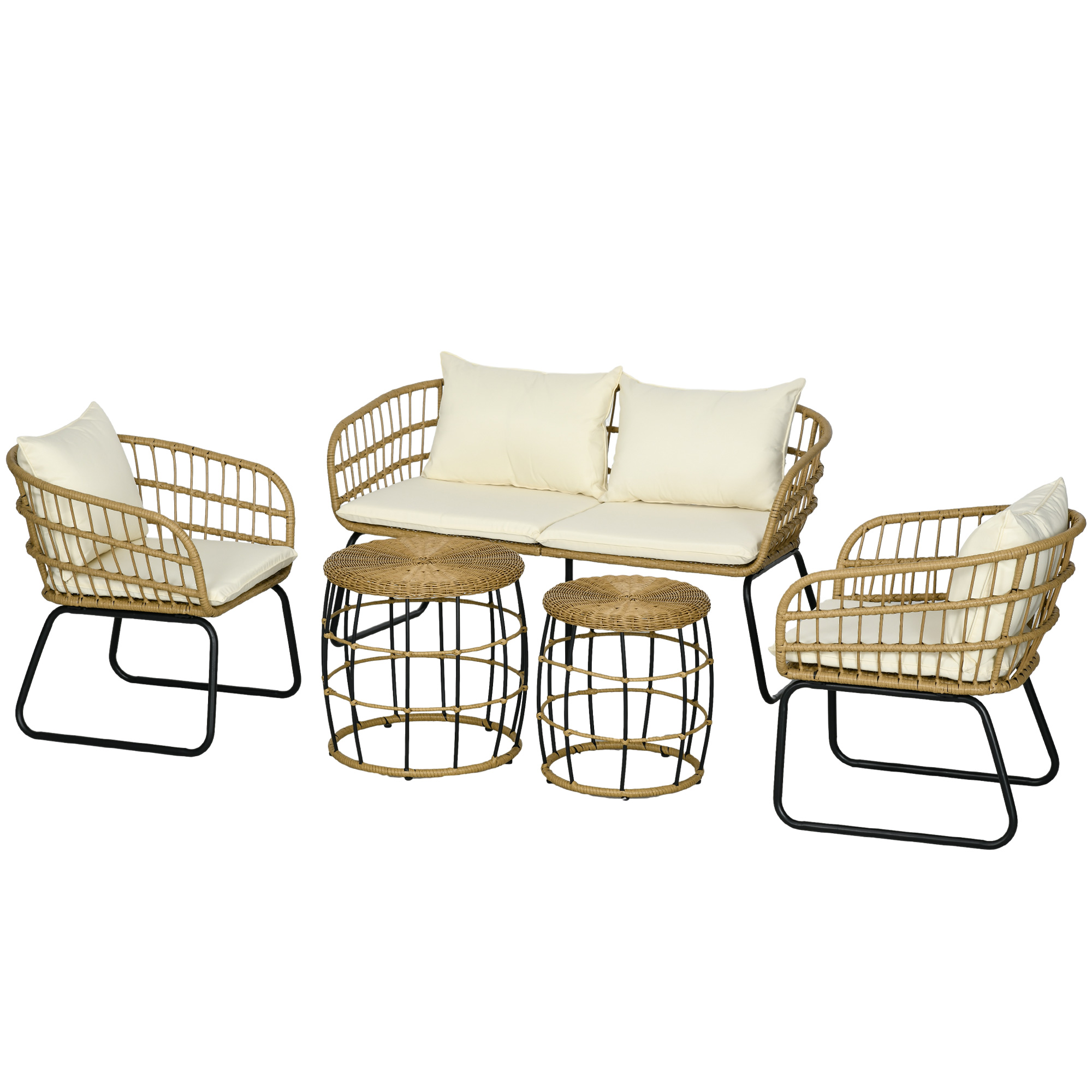 Outsunny Lounge-Set Rattan Zitgroep, Buitenmeubelset in Boho-stijl, 5-delig, 145 x 70 x 78 cm, Cr��me + Natuur + Zwart