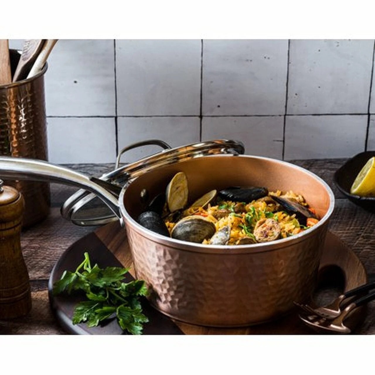 Gotham Steel 5 Piece Hammered Cookware Set, Non stick coating, Dishwasher Safe, Oven Safe