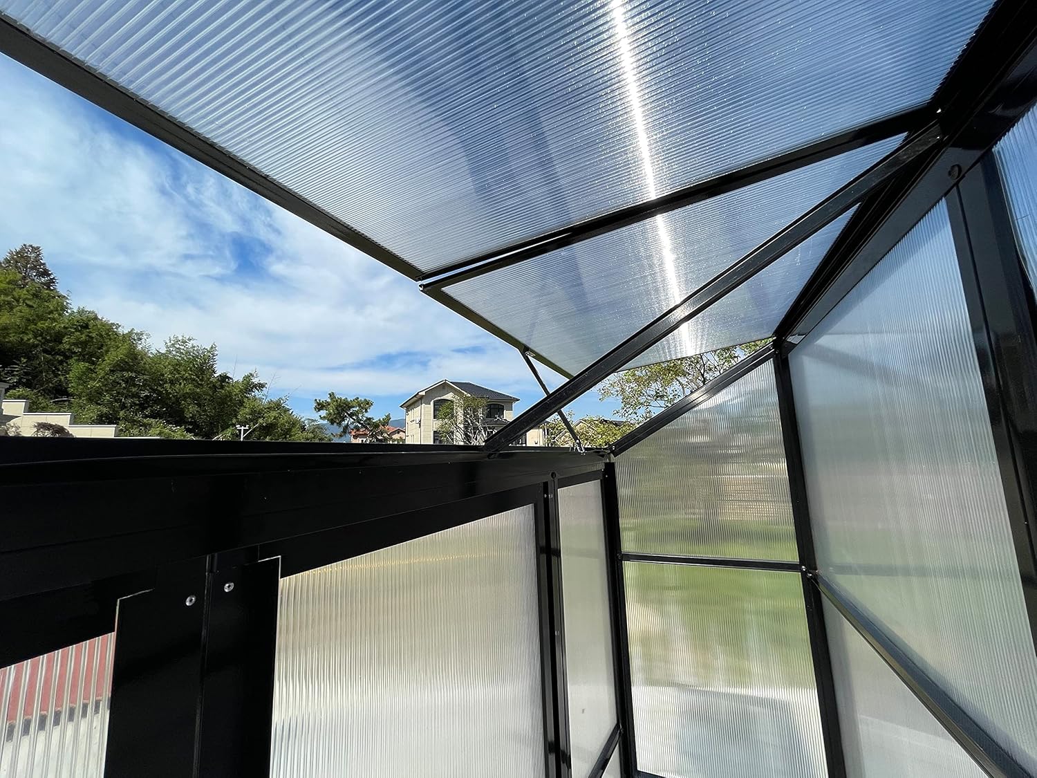 Tomatenhaus Anlehngewächshaus Aufzuchtschrank Treibhaus Frühbeet Pflanzenhaus Aluminium Beistell-Gewächshaus klein mit Rückwand 180x55X190 cm(Schwarz)
