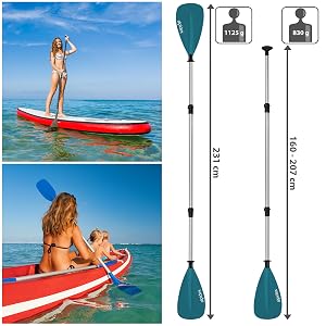 Schema dell'attrezzatura per paddleboard che mostra pagaie regolabili con misure di 231 cm e 160-217 cm, insieme a immagini di paddleboard sulle